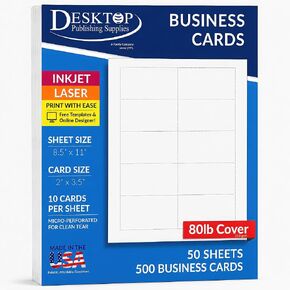 Heavyweight White Blank Business Card Paper - 50 Sheets / 500 Business Cards - 80lb Cover / 218 gsm - Inkjet & Laser Printer Compatible - Standard 3.5 x 2 Inches in Kuwait