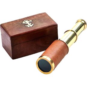 تلسكوب Mythrojan Mini Pirate Spyglass تلسكوب يدوي نحاسي قابل للطي مع صندوق خشبي تلسكوب صغير عتيق قرصان ديكور نحاسي مزخرف 9 بوصة - نحاس in Kuwait