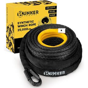 حبل ونش صناعي من Bunker INDUST مقاس 3/8 بوصة × 85 بوصة، خط كابل ونش 25000 Ibs مع كم واقي لقارب شاحنة الدفع الرباعي على الطرق الوعرة Jeep ATV UTV SUV، قطعة واحدة من تمديد حبل الونش الأسود in Kuwait