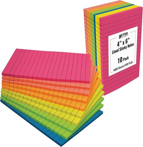 ملاحظات لاصقة مبطنة من Better Office Products، 4 × 6، 10 عبوات، 500 ورقة (50/وسادة)، ملاحظات ذاتية اللصق مع خطوط، 6 ألوان متنوعة زاهية، مذكرات بريدية، لاصق قوي، 10 وسادات in Kuwait