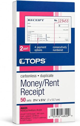 كتاب إيصالات الأموال من TOPS، جزأين، بدون كربون، 2 5/8 × 5 3/8 بوصة، 50 ورقة، أبيض وكناري، (46820) in Kuwait