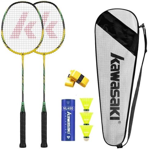 Kawasaki Badminton Set Professional Graphite Badminton Racket Lightweight & high Performance for Sports, Training and Entertainment Including 3 Badminton shuttlecocks & 2 overgrips & Carrying Bag in Kuwait
