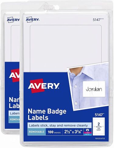 شارات أسماء ذاتية اللصق قابلة للطباعة من Avery 5147، 2 1/3 × 3 3/8، أبيض، 100/عبوة in Kuwait