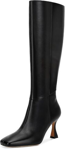 Dsevht Black Leather Knee High Boots for Women Stiletto Kitten Heeled Sexy Boots Square Toe and Side Zipper Design Fashion Dress Boots in Kuwait