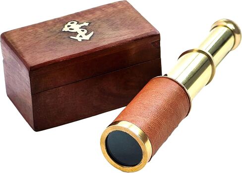 تلسكوب Mythrojan Mini Pirate Spyglass تلسكوب يدوي نحاسي قابل للطي مع صندوق خشبي تلسكوب صغير عتيق قرصان ديكور نحاسي مزخرف 9 بوصة - نحاس in Kuwait