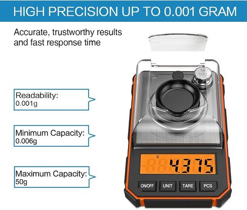AMIR Digital Milligram Scale, 50g Portable Mini Scale, 0.001g Precise Graduation, Professional Pocket Scale with 50g Calibration Weights Tweezers (Batteries Included) in Kuwait