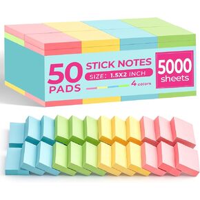 umikk 50 Pads Mini Sticky Notes 1.5X 2 inch, Small Self-Stick Note, Bulk Tiny Pads for Office, School, Home, 100 Sheets/Pad, 4 Pastel Colors, Pink, Yellow, Green, Blue in Kuwait