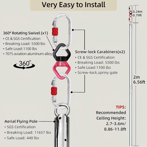 Flying Pole 2M Aerial Dancing Pole Equipment Flying Pole for Home Silver Portable Dance Pole Great for Bedroom, Pole Dance Studio & Pole Fitness in Kuwait