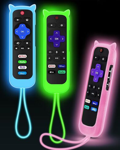 غطاء مكون من 3 قطع لجهاز التحكم عن بعد Roku بتصميم آذان القطط، حافظة جلدية من السيليكون متوافقة مع تلفزيون Hisense/TCL Roku، عصا البخار/Express، وحدة تحكم بديلة عالمية. يتوهج باللون الأخضر الداكن/الأزرق/الأرجواني in Kuwait