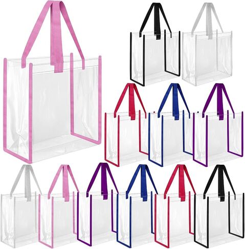 Saintrygo 12 Pcs Bulk Stadium Approved Clear Tote Bags Festival Gift Bags with Handles 12 x 12 x 6 In Plastic Tote Bag for Work Sports(Black) in Kuwait