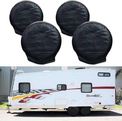 أغطية إطارات Leisure Coachworks لعجلات RV مجموعة من 4، أغطية إطارات/عجلات متنقلة مضادة للماء من الفينيل الأسود الناعم واقيات الإطارات تناسب أقطار الإطارات من 40 بوصة إلى 42 بوصة in Kuwait