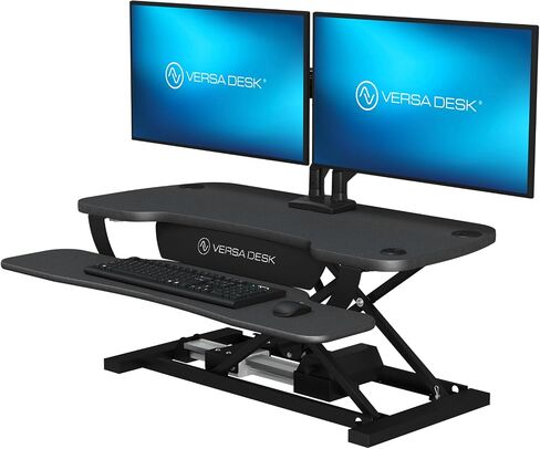 VERSADESK PowerPro 36 Inch Electric Standing Desk Converter, Height Adjustable Sit to Stand Up Desk Riser, Laptop and Dual Monitor Desktop Workstation with Wide Keyboard Tray and USB Port, Black in Kuwait