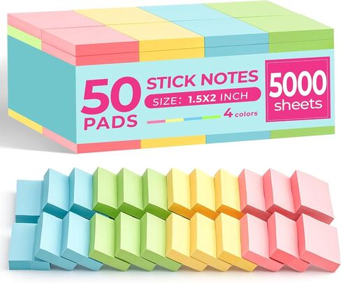 umikk 50 Pads Mini Sticky Notes 1.5X 2 inch, Small Self-Stick Note, Bulk Tiny Pads for Office, School, Home, 100 Sheets/Pad, 4 Pastel Colors, Pink, Yellow, Green, Blue in Kuwait