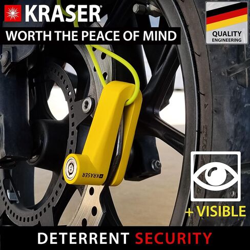 kraser kr710y قرص الفرامل قفل دراجة نارية قفل قرص الفرامل قفل دراجة نارية، سكوتر، دراجة، دراجة نارية عالمية مكافحة سرقة القرص قفل مع كابل تذكير وقفل رمح 10mm، أصفر in Kuwait