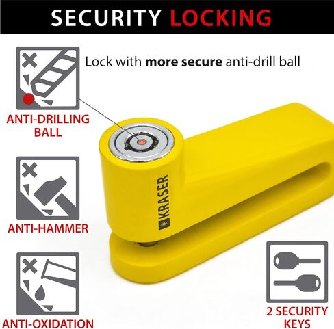 kraser kr710y قرص الفرامل قفل دراجة نارية قفل قرص الفرامل قفل دراجة نارية، سكوتر، دراجة، دراجة نارية عالمية مكافحة سرقة القرص قفل مع كابل تذكير وقفل رمح 10mm، أصفر in Kuwait