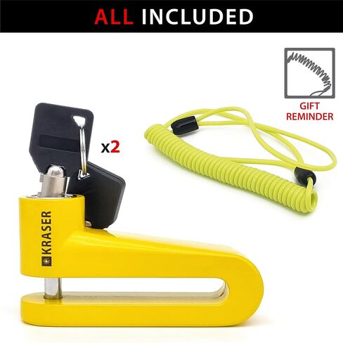 kraser kr710y قرص الفرامل قفل دراجة نارية قفل قرص الفرامل قفل دراجة نارية، سكوتر، دراجة، دراجة نارية عالمية مكافحة سرقة القرص قفل مع كابل تذكير وقفل رمح 10mm، أصفر in Kuwait