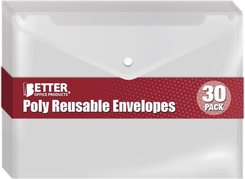 Better Office Products Clear Reusable Plastic Envelopes with Snap Closure, Plastic Document Holders, 13" x 9" XL Size for Letter Paper, 30 Pack, Poly File Envelopes, Clear, 30 Pack in Kuwait