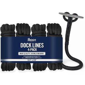 Rainier Supply Co. Boat Dock Lines & Rope -4pk 15ft x 3/8", Boat Ropes for Docking - Premium Double Braided Nylon Dock Rope - Mooring Line with 12" Eyelet - Boat Rope - Black in Kuwait