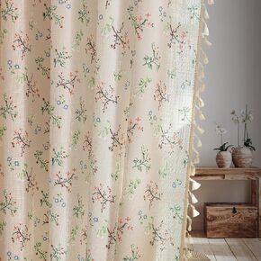 ENJOYBRIDAL Floral Farmhouse Curtains 96 Inches Long Semi-Blackout Living Room Drapes Cotton Linen Blend Bohemian Window Curtain Panels with Tassel Beige Rod Pocket Bedroom Drapes, 2 Panel in Kuwait
