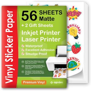 Premium Printable Vinyl Sticker Paper for Inkjet & Laser Printer - 56 Sheets Self-Adhesive Sheets Matte White Waterproof, Dries Quickly Vivid Colors, Holds Ink Well - Tear Resistant in Kuwait