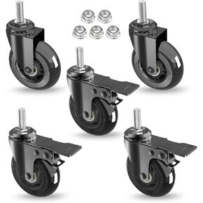 3" Caster Wheels Set of 5(3 with Safety Dual Brake,2 Without),Heavy Duty Swivel Castors w 3/8"-16UNC Threaded Stem, No Noise Rubber Wheels,Safe for HardWwood,Carpet,Fit Chair,Workench,Shelf in Kuwait