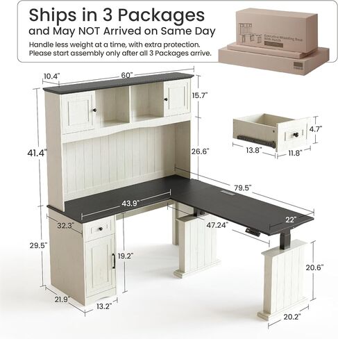 FEZIBO Sturdy Height Adjustable Electric Standing Desk with Drawers, 48 x 24 Inch Stand Up Table with Large Storage Shelf, Sit Stand Desk, Black Top in Kuwait