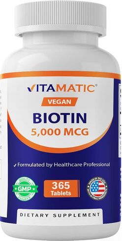 Vitamatic Biotin 5000mcg (5 mg) for Stronger Hair, Skin & Nails - 365 Vegan Tablets- Also Called Vitamin B7 in Kuwait