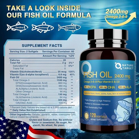 Fish Oil Supplements 2400mg - Triple Strength Omega 3 6 9 Softgels with Vitamin D3 & E - EPA & DHA & ALA - Supports Heart, Brain, Joint & Immune Health, Sustainably Sourced, Non-GMO in Kuwait