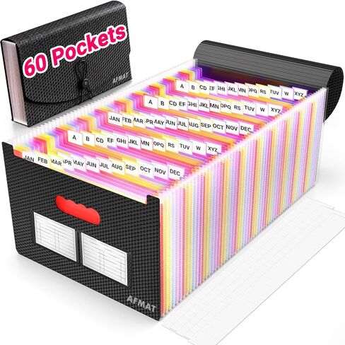 AFMAT 60 Pockets Accordion File Organizer, Large Expanding File Folder Organizer with Blank Labels, Letter/A4 Size Expandable Plastic Accordian Bill Organizer for Receipt, Tax, Legal, Paper Filing in Kuwait