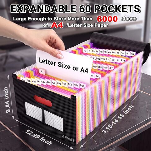 AFMAT 60 Pockets Accordion File Organizer, Large Expanding File Folder Organizer with Blank Labels, Letter/A4 Size Expandable Plastic Accordian Bill Organizer for Receipt, Tax, Legal, Paper Filing in Kuwait