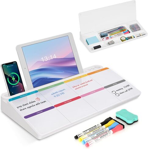سبورة بيضاء زجاجية لسطح المكتب لمستلزمات مكتب التخزين، Beskboard Buddy مع حامل لوحة مفاتيح الكمبيوتر، لوحة بيضاء للمسح الجاف مع أدراج للمنزل والمدرسة ومنظمات مكتب المكتب وملحقاتها - أسود in Kuwait