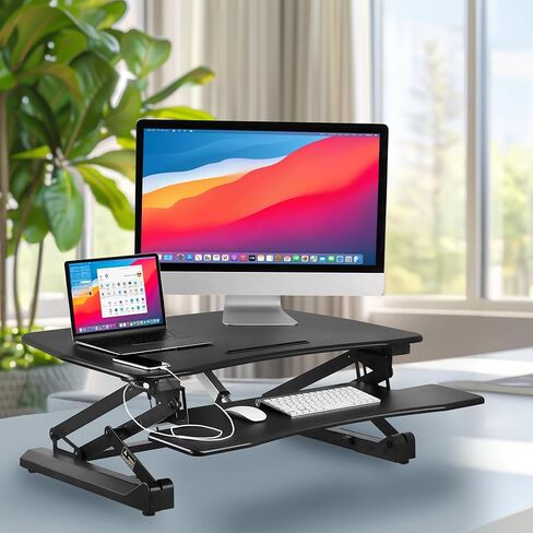 Mount-It! Electric Standing Desk Converter 35.4" x 23" Stand Up Desk Riser, Computer Workstations Motorized Desk Convertor, Sit to Stand with Built-in USB Port, Ergonomic Height Adjustable in Black in Kuwait