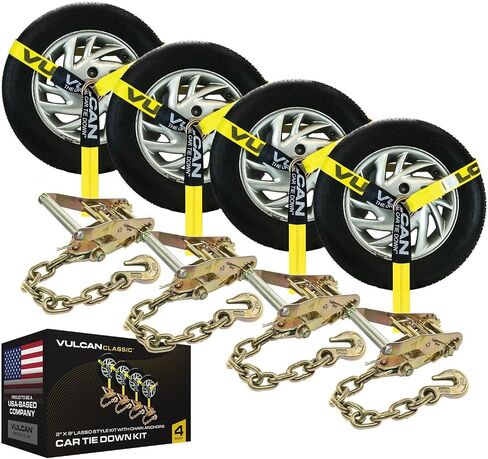 VULCAN Car Tie Down with Snap Hooks - Lasso Style - 2 Inch x 96 Inch - 4 Pack - High-Viz - 3,300 Pound Safe Working Load in Kuwait