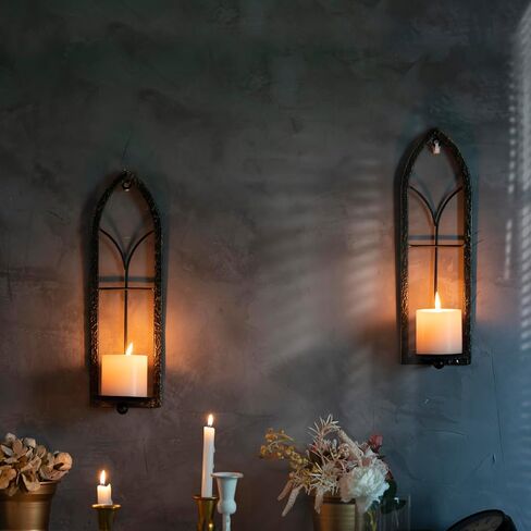 GAKA Wall Sconce Candle Holder (Set of 2) Black Gold Rustic Wall-Mount Metal Candle Holders/Gothic Wall Hanging Iron Wall Candle Sconce Holder for Living Room, Bathroom, Dining Room（Window Styling） in Kuwait