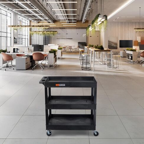 Stand Steady Tubstr 3 Shelf Utility Push Cart Supports Up to 300 lbs - Heavy-Duty Plastic Service Cart Great for Offices, Warehouse Storage, Garage Tools, and Kitchen Cleaning (Black, 32 x 18) in Kuwait