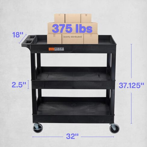 Stand Steady Tubstr 3 Shelf Utility Push Cart Supports Up to 300 lbs - Heavy-Duty Plastic Service Cart Great for Offices, Warehouse Storage, Garage Tools, and Kitchen Cleaning (Black, 32 x 18) in Kuwait