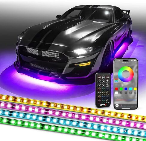 طقم إضاءة مطاردة OPT7 Aura Dreamcolor Underglow مع جهاز تحكم عن بعد لاسلكي، 4 قطع شرائط إضاءة LED مرنة تحت الجسم RGB-IC، مصابيح نيون خارجية لشاحنة السيارة RV، وضع متعدد الألوان، 12 فولت in Kuwait