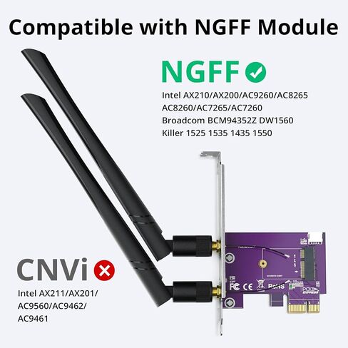 بطاقة محول PCIE X1 إلى M.2/NGFF (A+E) واي فاي بلوتوث لاسلكية مع هوائي ثنائي النطاق 2.4&5G 2X 5dBi in Kuwait