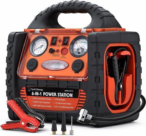 1800 Peak Amp Portable Power Station Jump Starter,with 260 PSI Tire Inflator/Air Compressor,400W Power Inverter Dual AC/DC Ports,2.1A USB Port,Battery Clamps in Kuwait