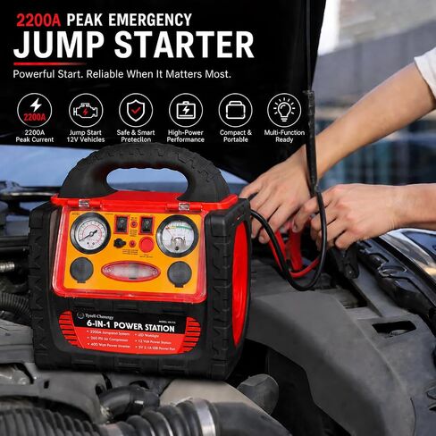 1800 Peak Amp Portable Power Station Jump Starter,with 260 PSI Tire Inflator/Air Compressor,400W Power Inverter Dual AC/DC Ports,2.1A USB Port,Battery Clamps in Kuwait