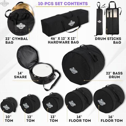 Drum Bags Set, 9-pcs Drum cases Include 10" Tom Bag, 12" Tom Bag, 13" Tom Bag, 16" Tom Bag, 14" snare drum bag, 22" Bass drum case, Large drum hardware bag, Cymbal Bag & Drum stick bag in Kuwait