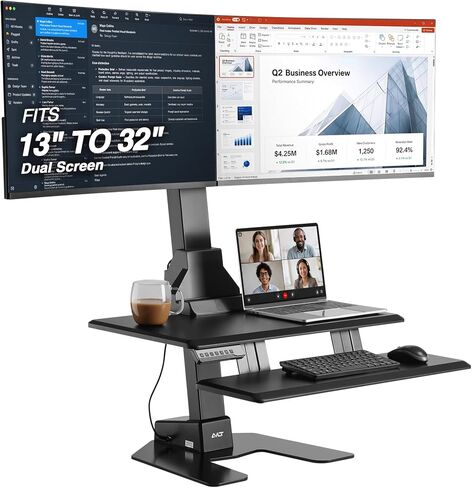 AVLT Dual 32" Monitor Electric Standing Desk Converter with Huge Keyboard Tray Extra Large 28"x 16" Spacious Tabletop Motorized Automatic Height Adjustable Sit to Stand Table Sturdy Small Footprint in Kuwait