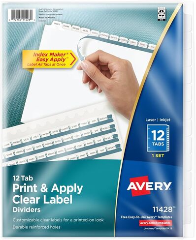 فواصل Avery 12 علامة تبويب لـ 3 حلقات، سهلة الطباعة وتطبيق شريط ملصقات شفاف، علامات تبويب بيضاء قابلة للتخصيص من صانع الفهرس، مجموعة واحدة (11428) in Kuwait