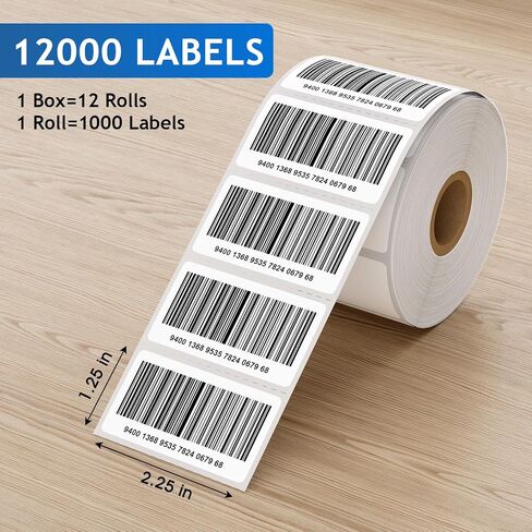 ملصقات حرارية مباشرة من MaxGear مقاس 2.25 بوصة × 1.25 بوصة، 12 لفات 12000 ملصق لملصقات الشحن الحراري، ملصقات الباركود اللاصقة، ملصقات العناوين للشحن، متوافقة مع طابعات رولو والحمار الوحشي in Kuwait