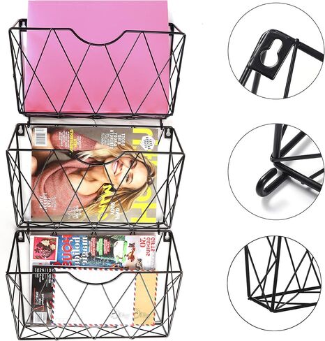 3 Tier Wall File Holder Organizer, Hanging File Organizer, Magazine Rack, Wall Mount Paper Folder ​Holder, ​with 5 Key Holder Hooks,Metal, Black in Kuwait