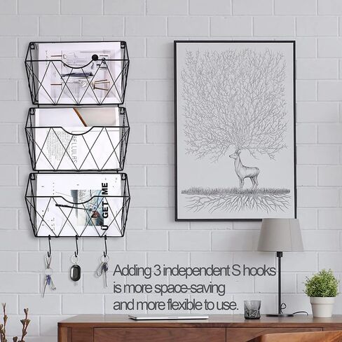 3 Tier Wall File Holder Organizer, Hanging File Organizer, Magazine Rack, Wall Mount Paper Folder ​Holder, ​with 5 Key Holder Hooks,Metal, Black in Kuwait