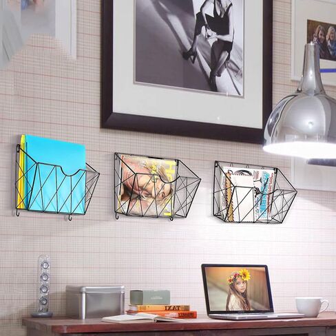 3 Tier Wall File Holder Organizer, Hanging File Organizer, Magazine Rack, Wall Mount Paper Folder ​Holder, ​with 5 Key Holder Hooks,Metal, Black in Kuwait