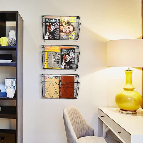 3 Tier Wall File Holder Organizer, Hanging File Organizer, Magazine Rack, Wall Mount Paper Folder ​Holder, ​with 5 Key Holder Hooks,Metal, Black in Kuwait