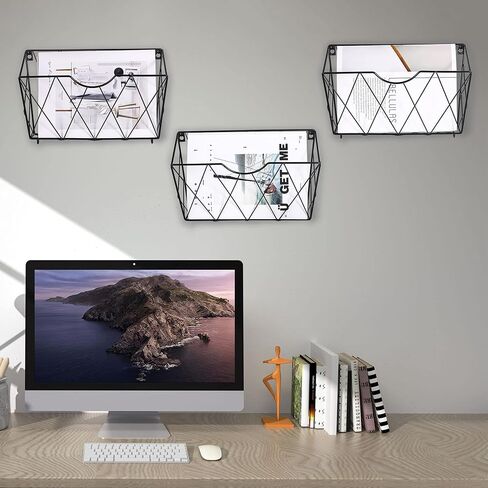 3 Tier Wall File Holder Organizer, Hanging File Organizer, Magazine Rack, Wall Mount Paper Folder ​Holder, ​with 5 Key Holder Hooks,Metal, Black in Kuwait