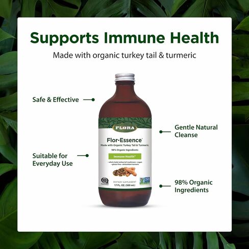 Flora Health Flor-Essence with Turkey Tail & Turmeric, Rich in Polysaccharides, 35+ Phenolic Compounds with Antioxidants and Immunity Support, 32-fl. oz. Glass Bottle in Kuwait